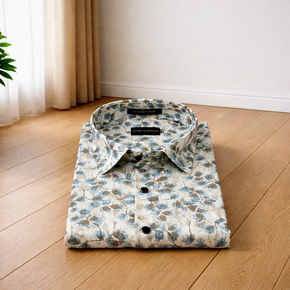 Linen All Over Leafy Vine Print Cream Base Blue And Brown Leaves