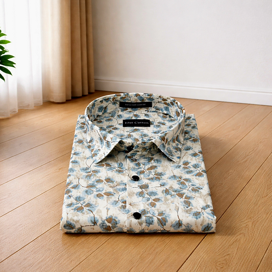 Linen All Over Leafy Vine Print Cream Base Blue And Brown Leaves