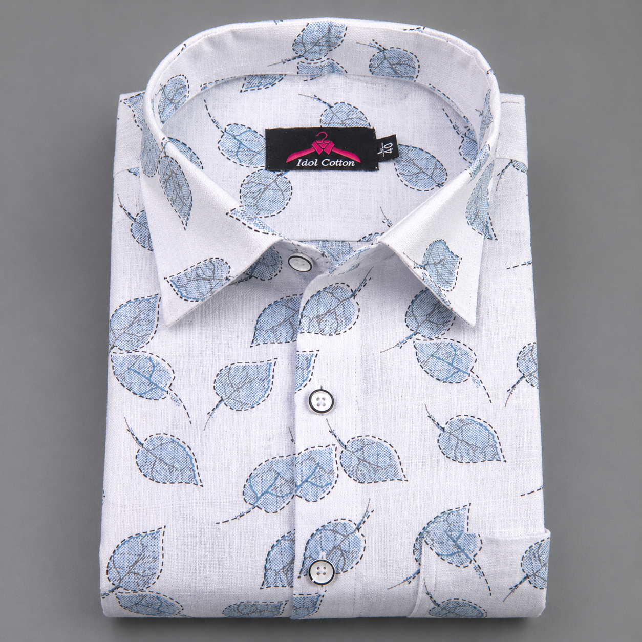 Linen Cotton White with Sky Blue Leaf Outline Print Men’s Shirt