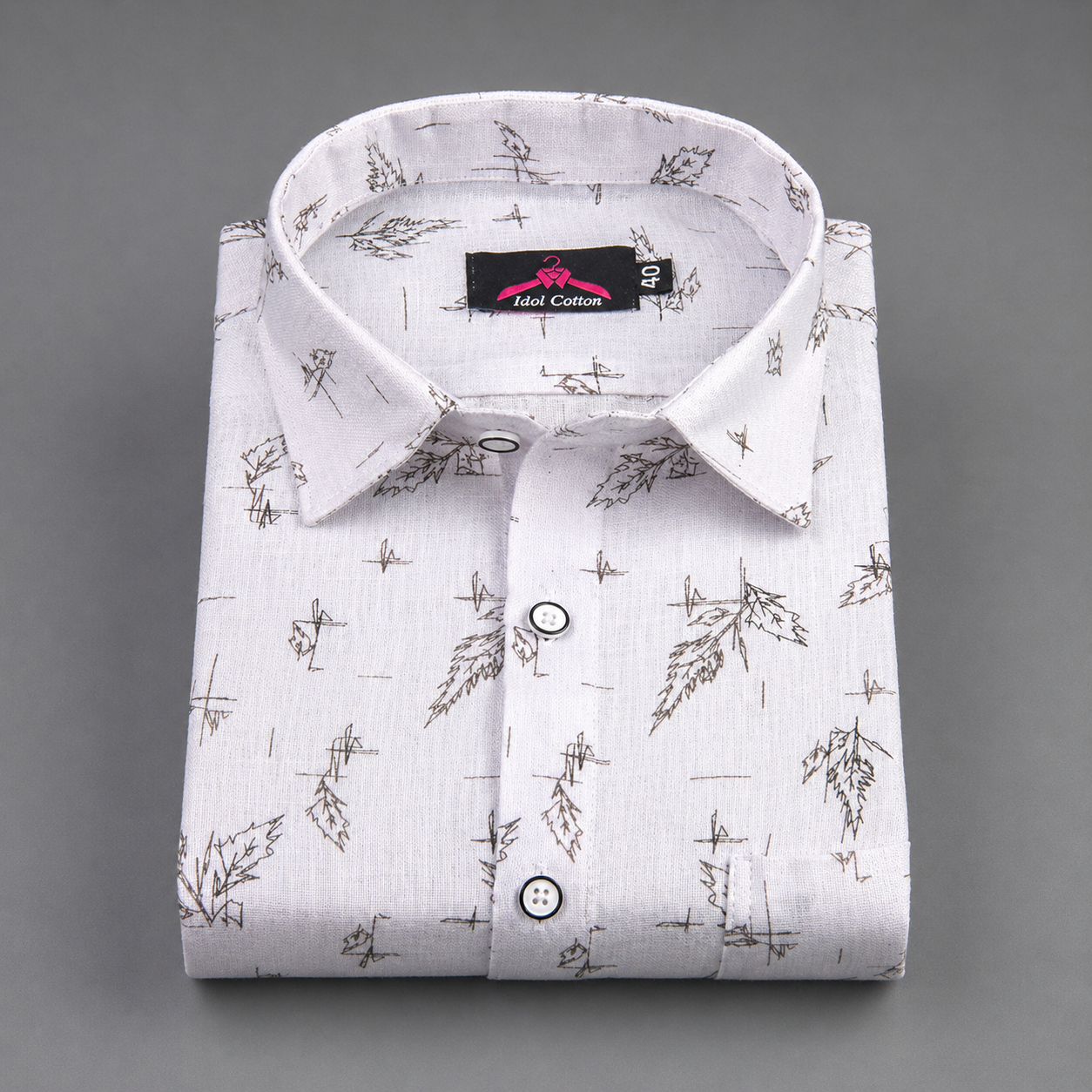 Linen Cotton White with Ash Gray Sketch Leaf Print Men’s Shirt