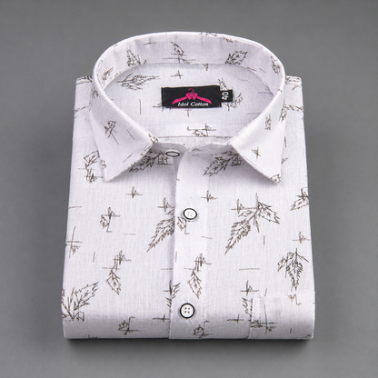 Linen Cotton White with Ash Gray Sketch Leaf Print Men’s Shirt