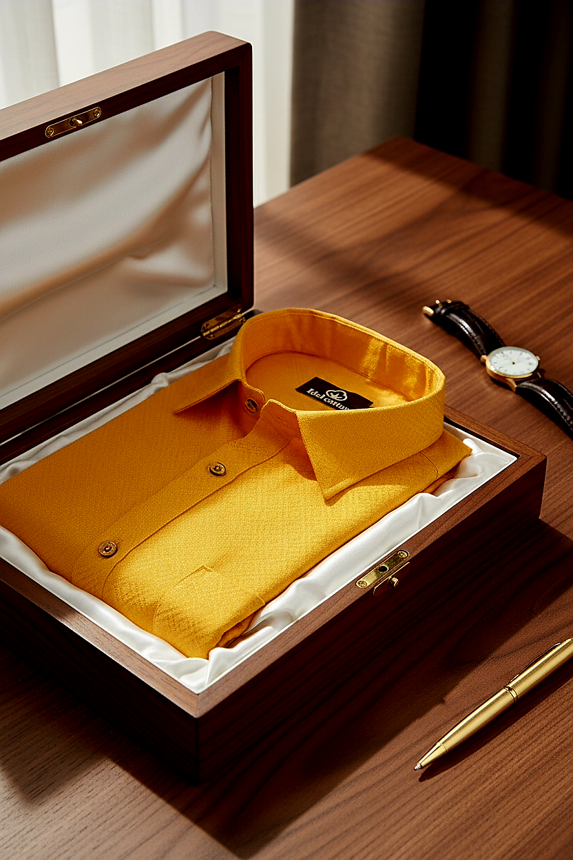 Teal Jacquard Dimond Pattern Cotton Shirt Golden Yellow Colour