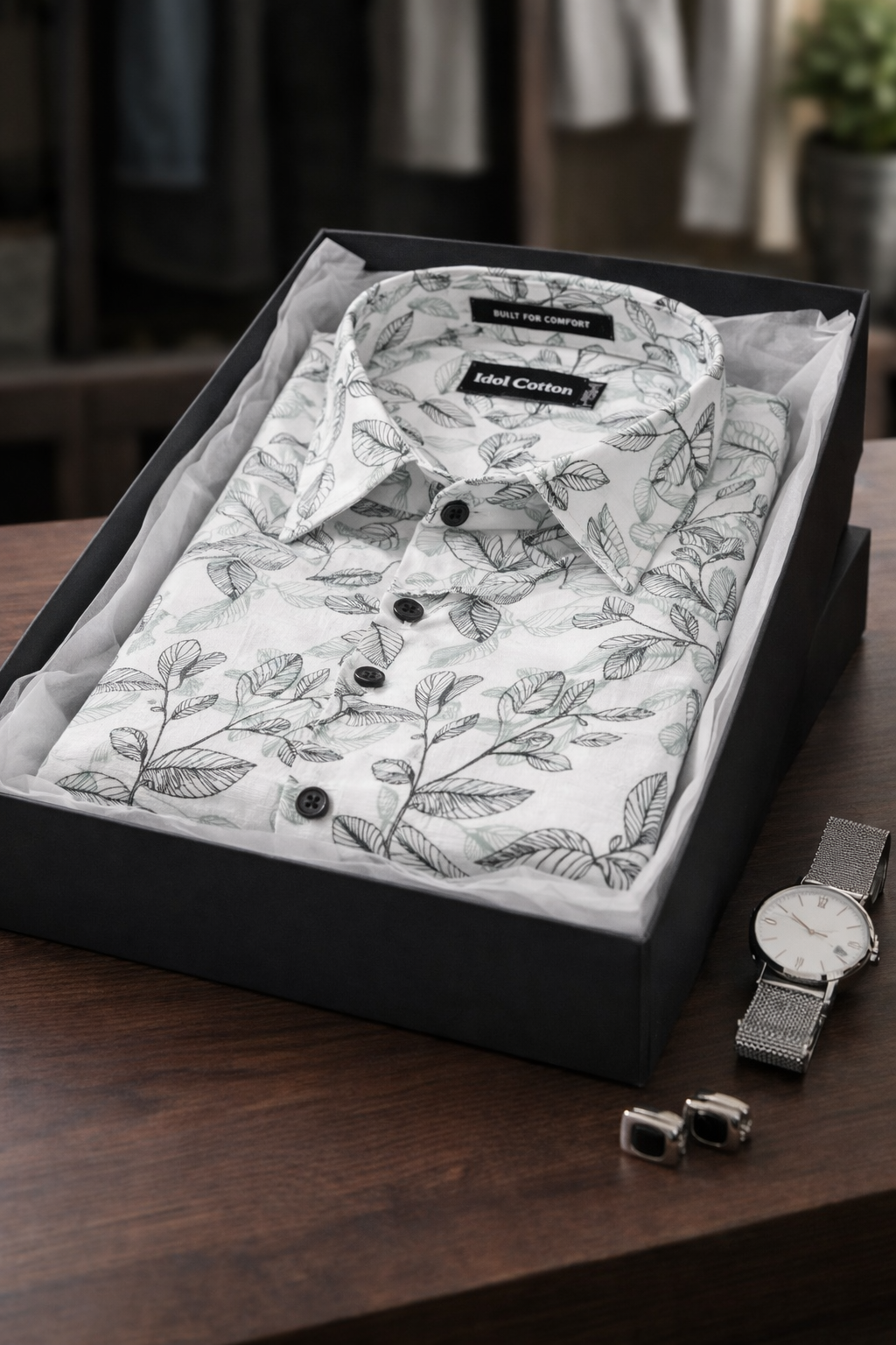 Linen Botanical Leaf Print White Bsse Light Sage Green