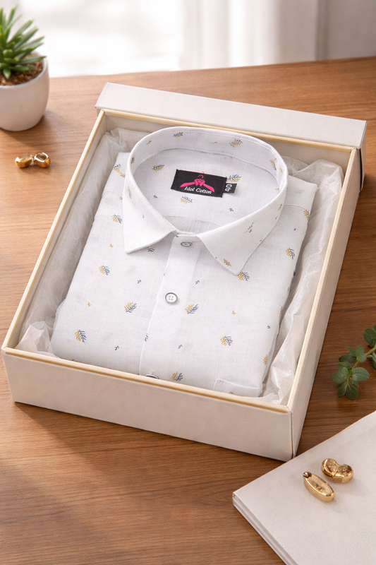 Linen Cotton White with Mustard Yellow & Navy Blue Micro Leaf Print Men’s Shirt