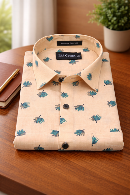 Linen Green And Teal Leaf Print Peach Orange Background 