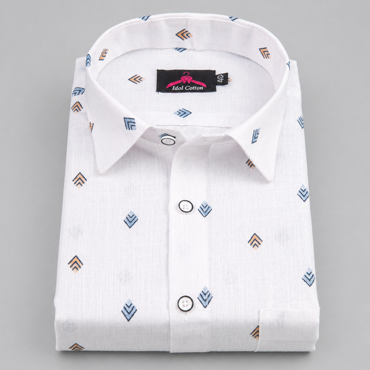 Linen Cotton White with Denim Blue & Mustard Brown Geometric Micro Print Men’s Shirt