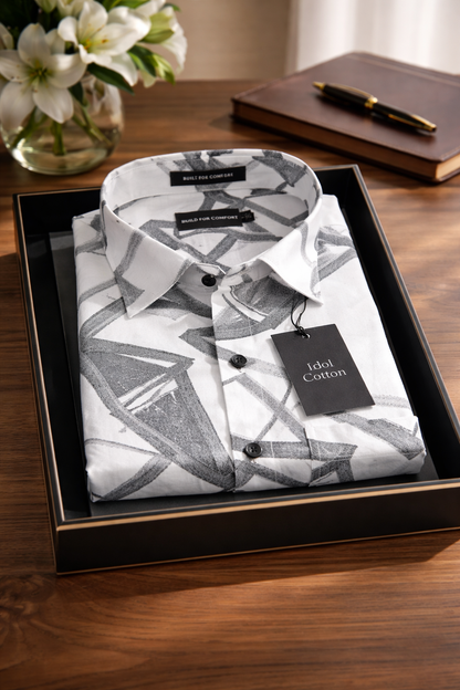 Linen Brushstrokes Print White Base With Medium Gray