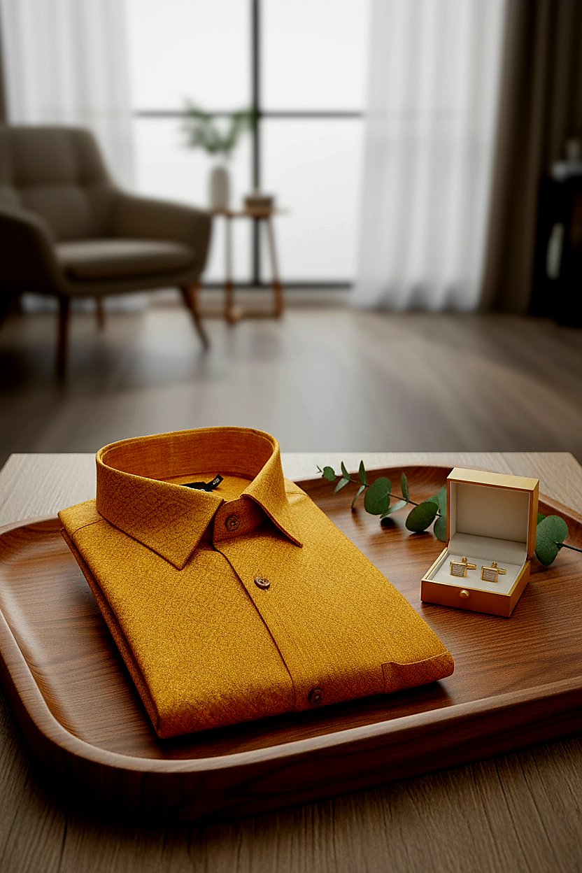 Teal Jacquard Dimond Pattern Cotton Shirt Mustrud yellow Colour