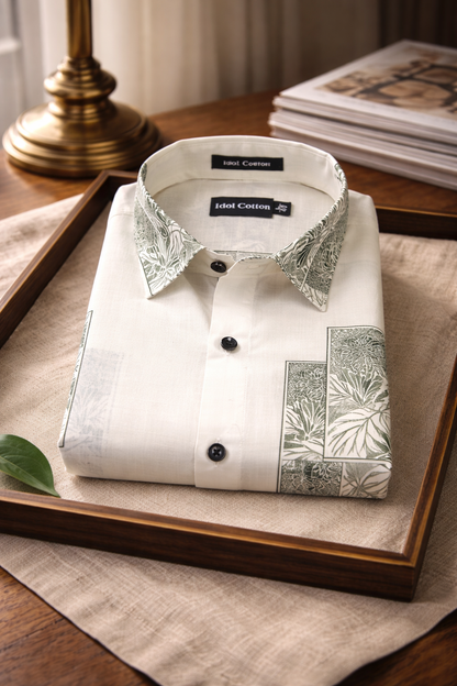 Linen Floral Block Print Cream Base With Dark Green