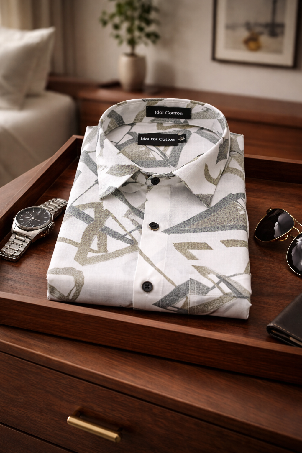 Linen Brushstoke Print White Base With Olive Green