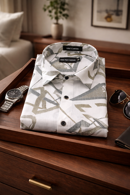 Linen Brushstoke Print White Base With Olive Green