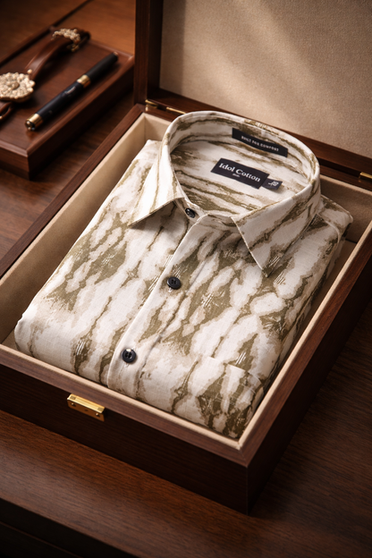 Linen Ikat Inspired Print Olive Brown