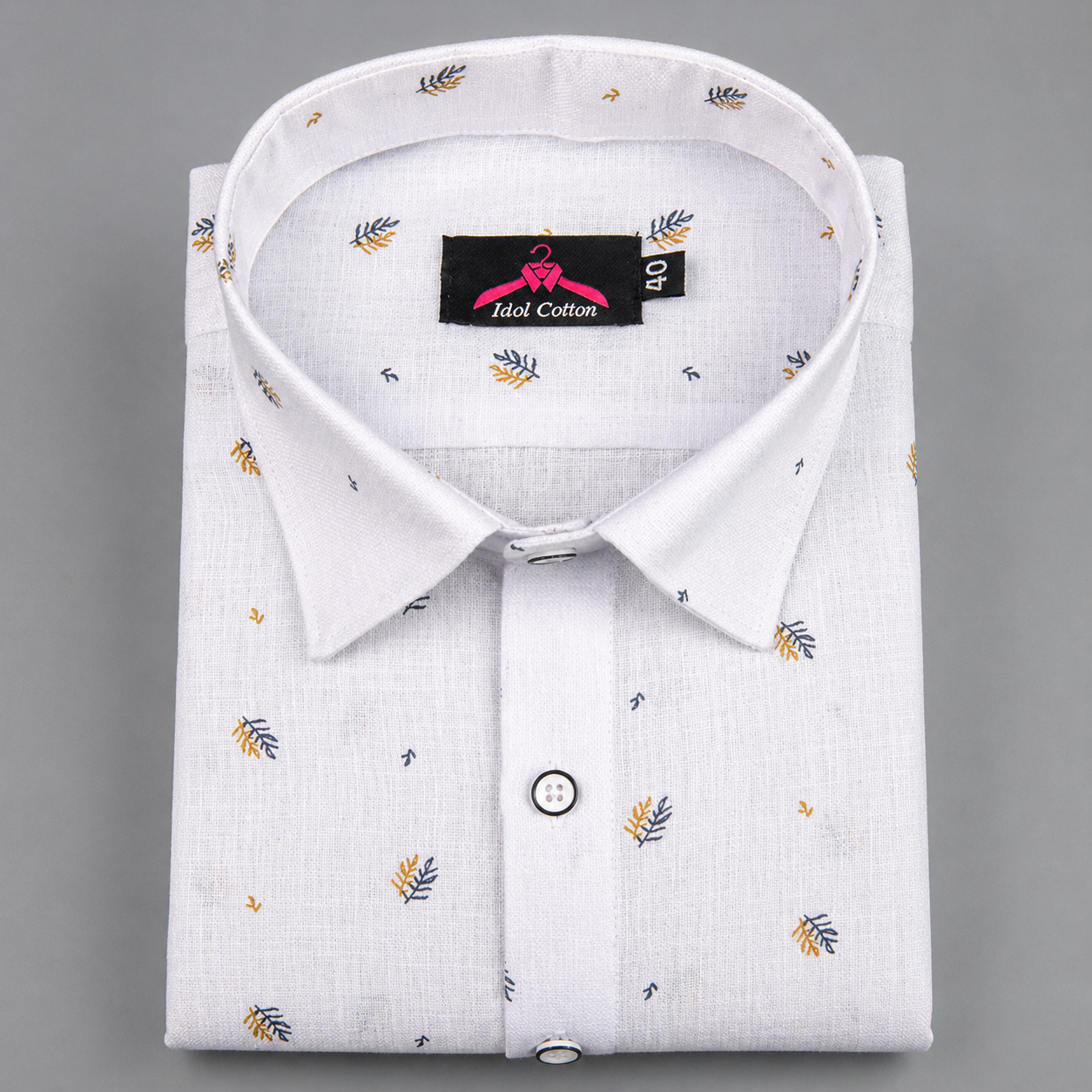 Linen Cotton White with Mustard Yellow & Navy Blue Micro Leaf Print Men’s Shirt