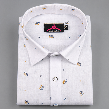 Linen Cotton White with Mustard Yellow & Navy Blue Micro Leaf Print Men’s Shirt