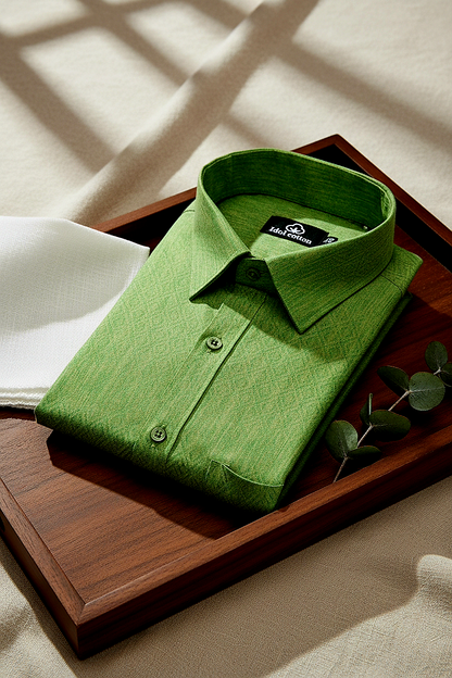 Teal Jacquard Dimond Pattern Cotton Shirt Parrot Green