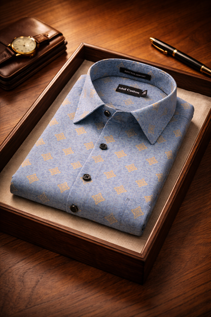 Linen Golden Yellow Geometric Print BlueBbackground