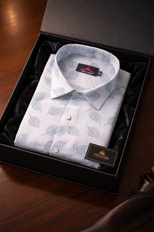 Linen Cotton White with Sky Blue Leaf Outline Print Men’s Shirt