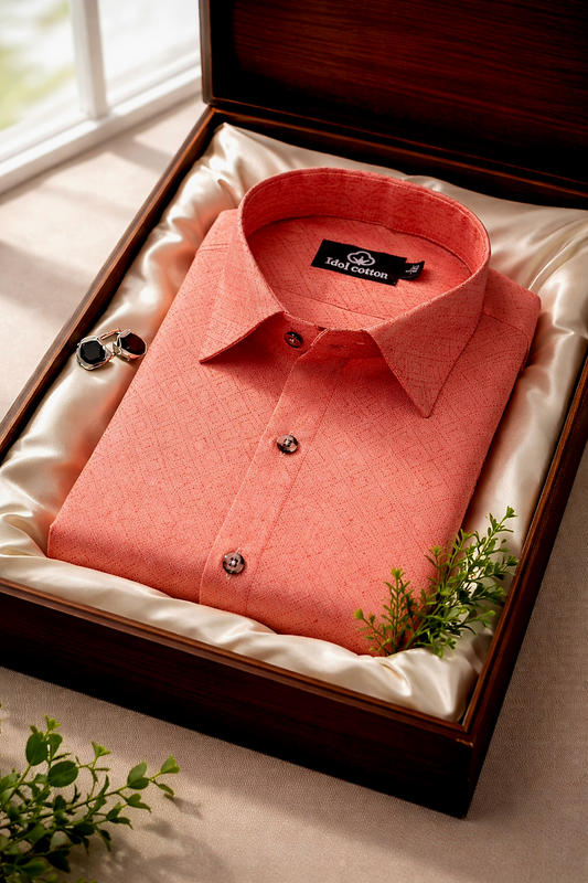 Teal Jacquard Dimond Pattern Cotton Shirt Salmon Pink Colour