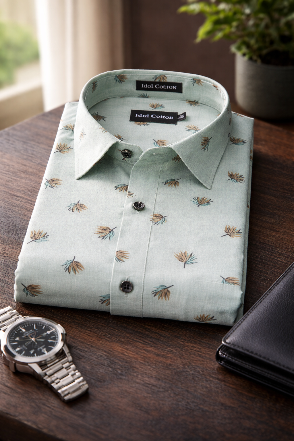 Linen Brown And Teal Leaf Print Light Green Background