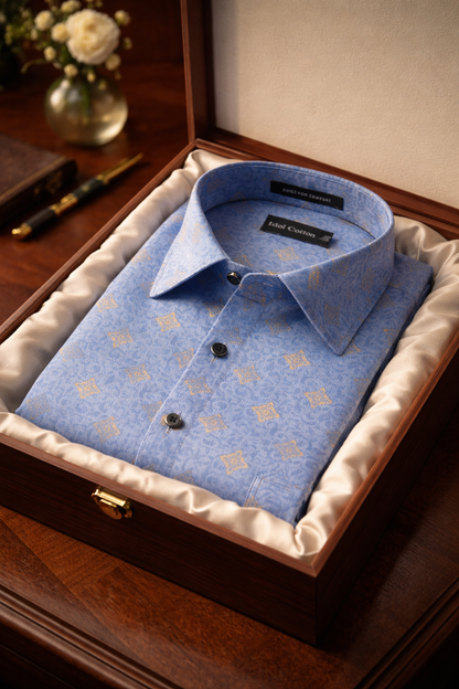 Linen Golden Yellow Geometric Print BlueBbackground