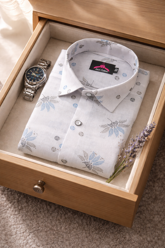 Linen Cotton White with Sky Blue & Gray Leaf Dot Print Men’s Shirt