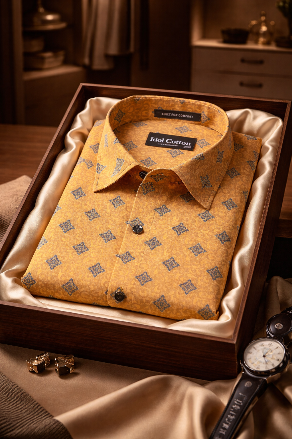 Linen Dark Blue Geometric Print Mustard Yellow Colour