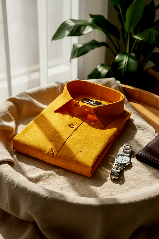 Teal Jacquard Dimond Pattern Cotton Shirt Golden Yellow Colour