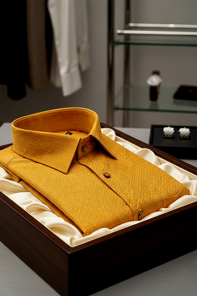 Teal Jacquard Dimond Pattern Cotton Shirt Mustrud yellow Colour