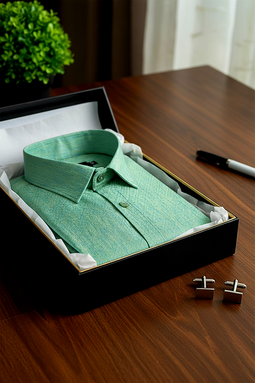 Teal Jacquard Dimond Pattern Cotton Shirt Mint Green Colour