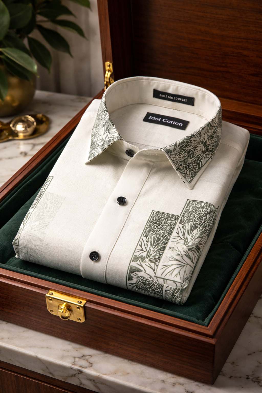 Linen Floral Block Print Cream Base With Dark Green