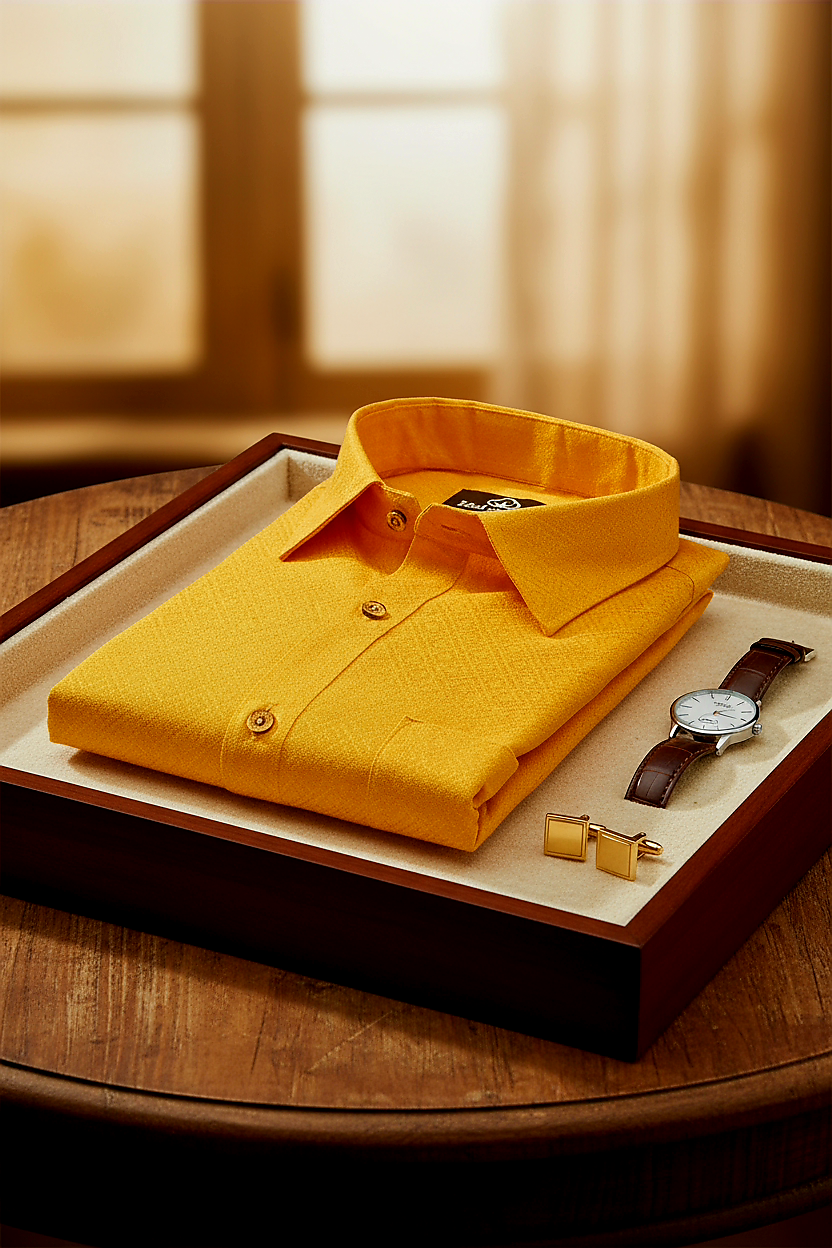 Teal Jacquard Dimond Pattern Cotton Shirt Golden Yellow Colour