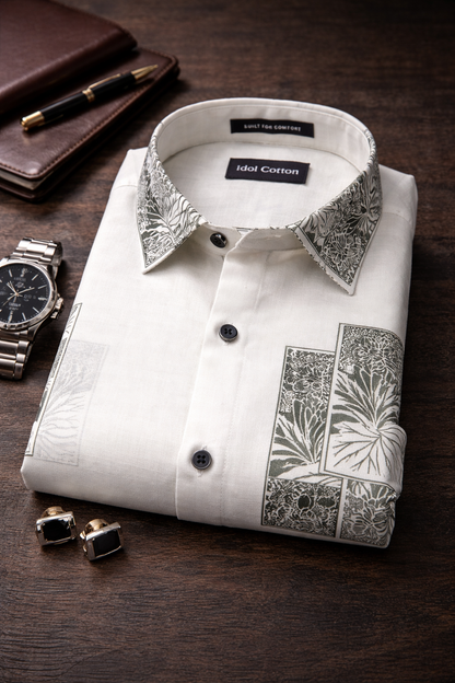 Linen Floral Block Print Cream Base With Dark Green