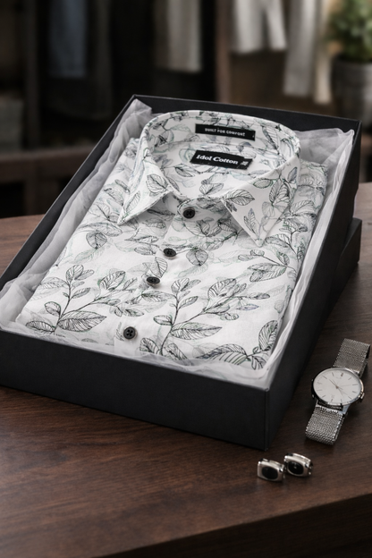 Linen Botanical Leaf Print White Bsse Light Sage Green