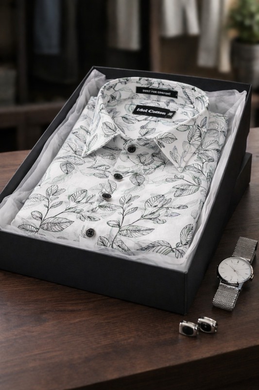 Linen Botanical Leaf Print White Bsse Light Sage Green