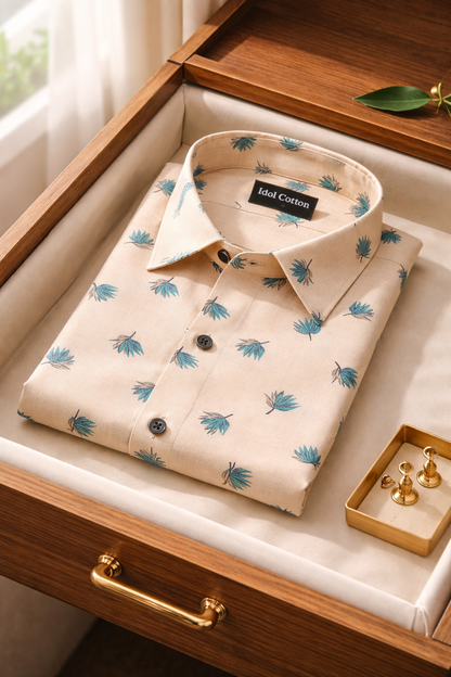 Linen Green And Teal Leaf Print Peach Orange Background 