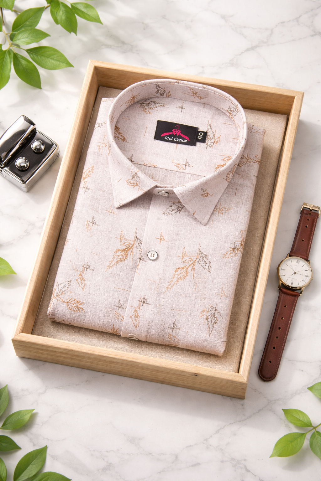 Linen Cotton White with Camel Brown Leaf Sketch Print Men’s Shirt