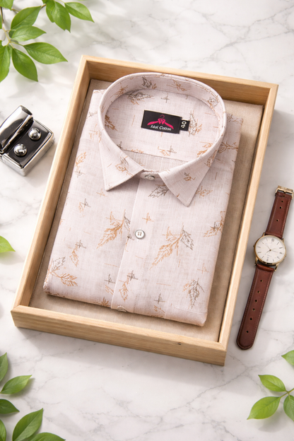 Linen Cotton White with Camel Brown Leaf Sketch Print Men’s Shirt