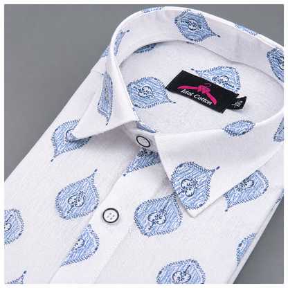 Linen Cotton White with Light Blue Butta Print Men’s Shirt