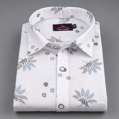Linen Cotton White with Sky Blue & Gray Leaf Dot Print Men’s Shirt