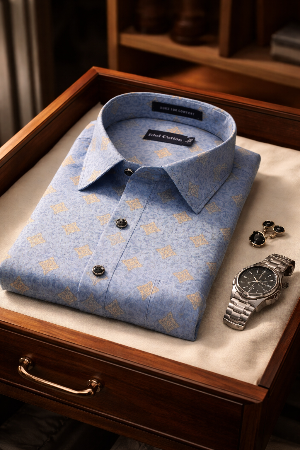 Linen Golden Yellow Geometric Print BlueBbackground