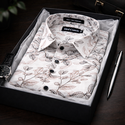 Linen Botanical Leaf Print White Base With Black