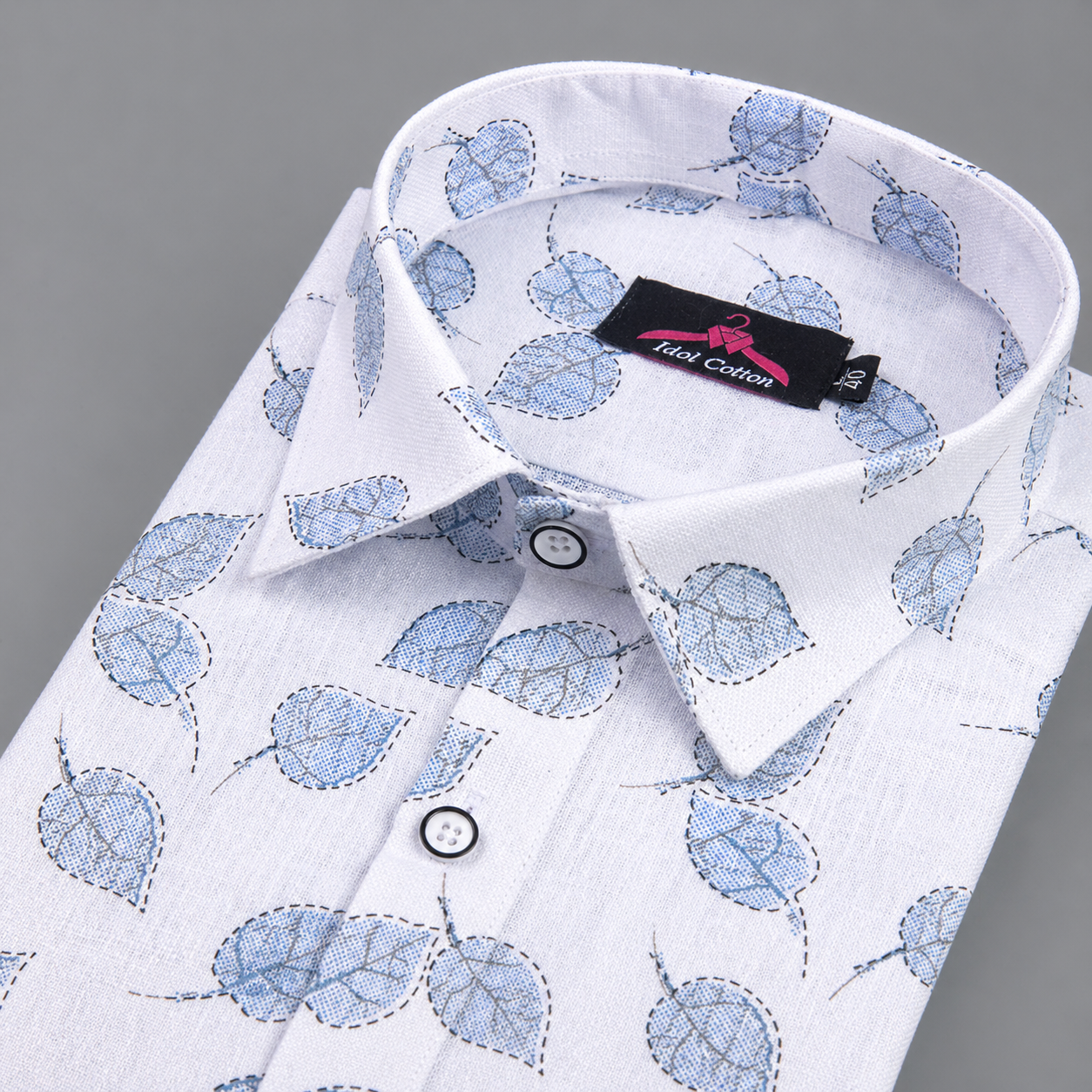 Linen Cotton White with Sky Blue Leaf Outline Print Men’s Shirt