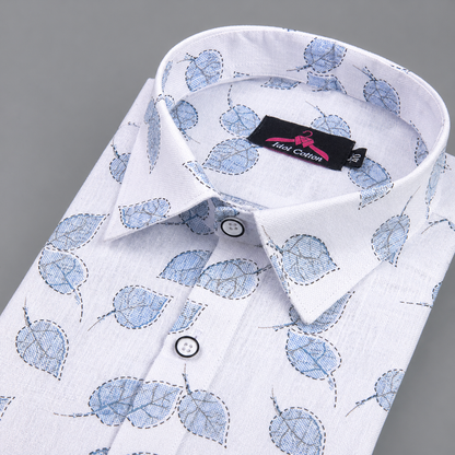 Linen Cotton White with Sky Blue Leaf Outline Print Men’s Shirt