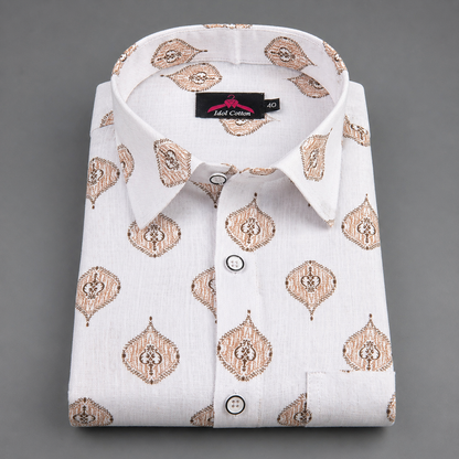 Linen Cotton White with Sand Brown Butta Print Men’s Shirt