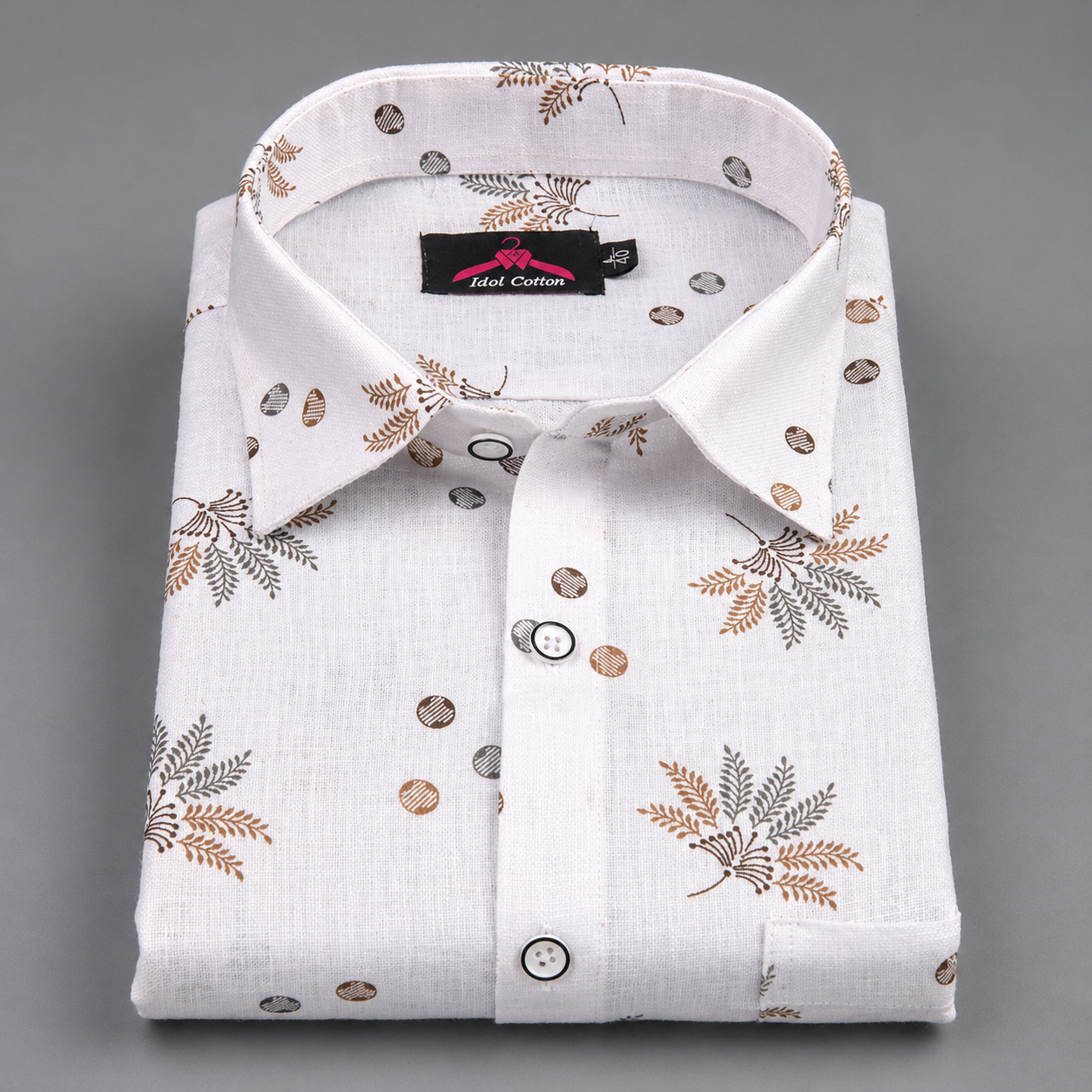 Linen Cotton White with Light Brown & Gray Leaf Dot Print Men’s Shirt