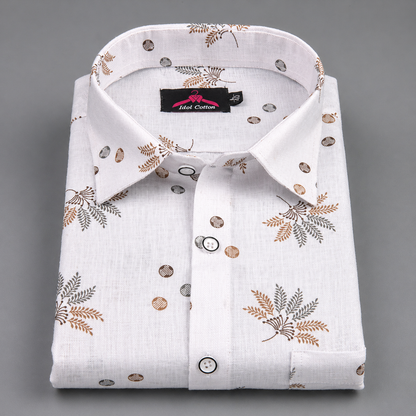 Linen Cotton White with Light Brown & Gray Leaf Dot Print Men’s Shirt