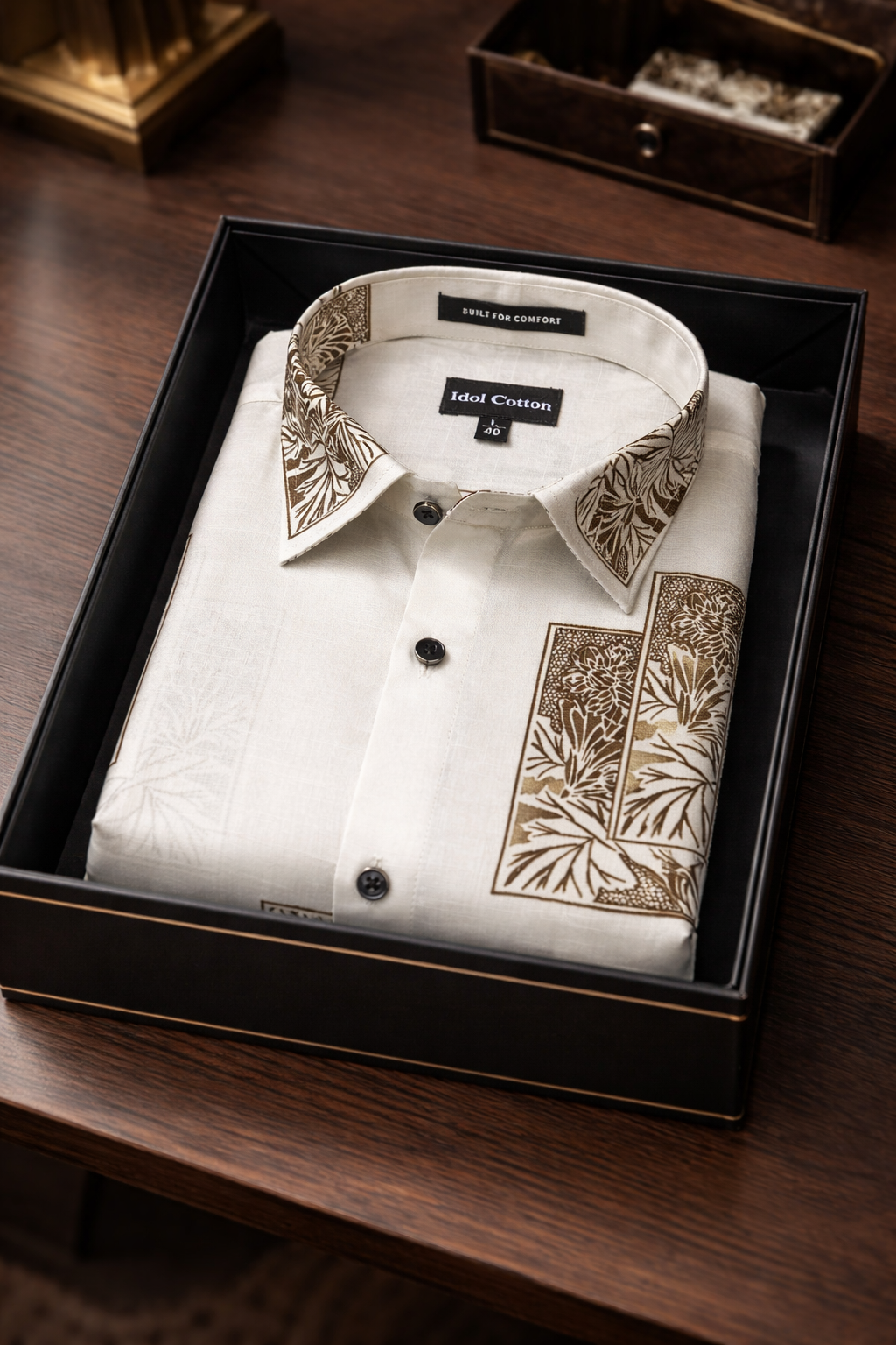 Linen Floral Block Print Cream Base With Dark Brown