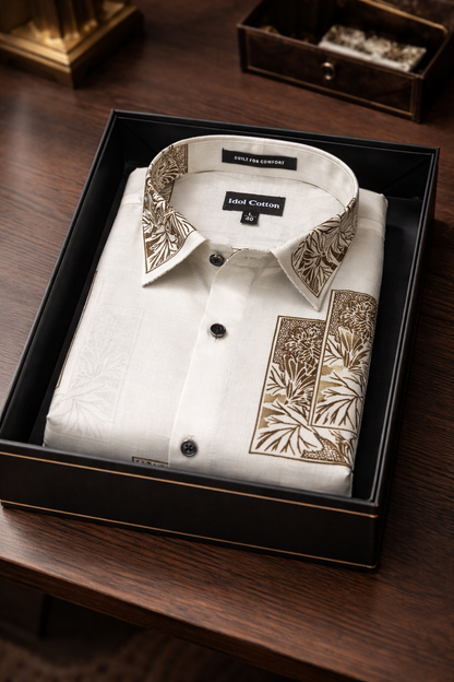 Linen Floral Block Print Cream Base With Dark Brown