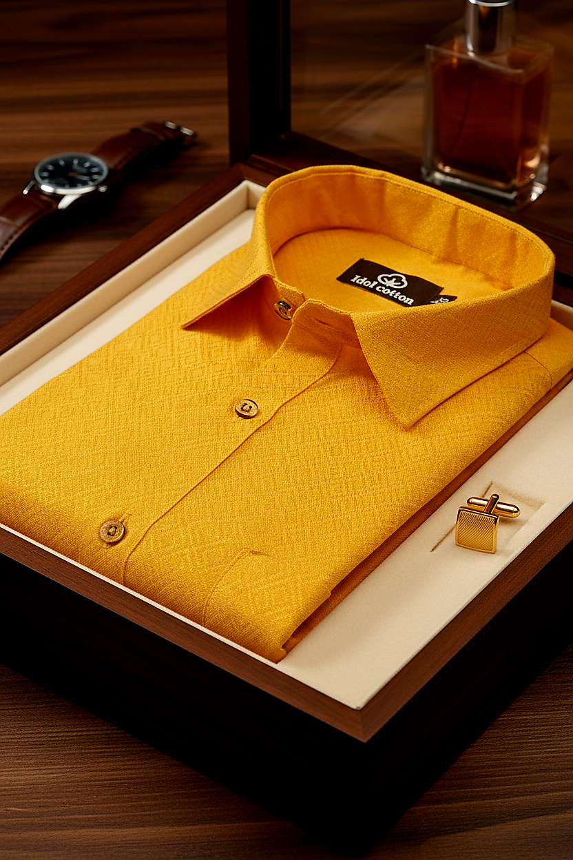 Teal Jacquard Dimond Pattern Cotton Shirt Golden Yellow Colour