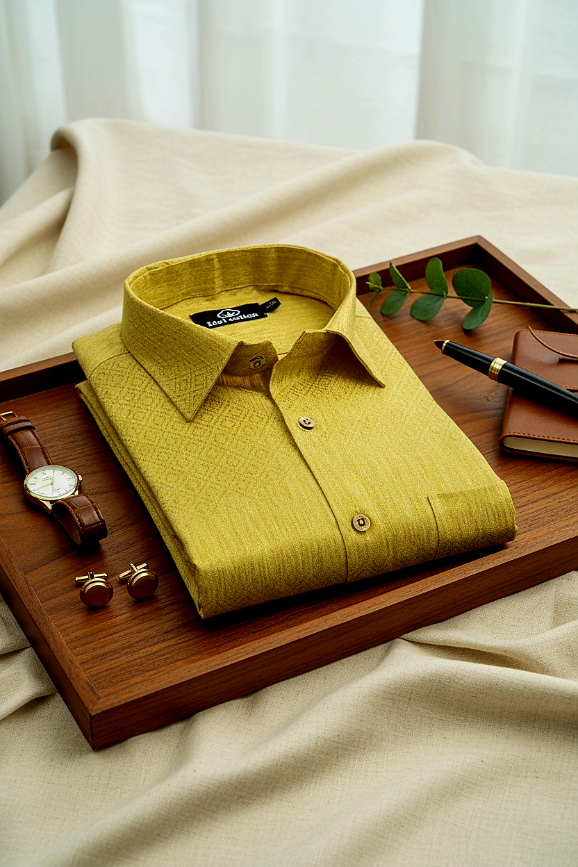 Teal Jacquard Dimond Pattern Cotton Shirt Honey Yellow Colour